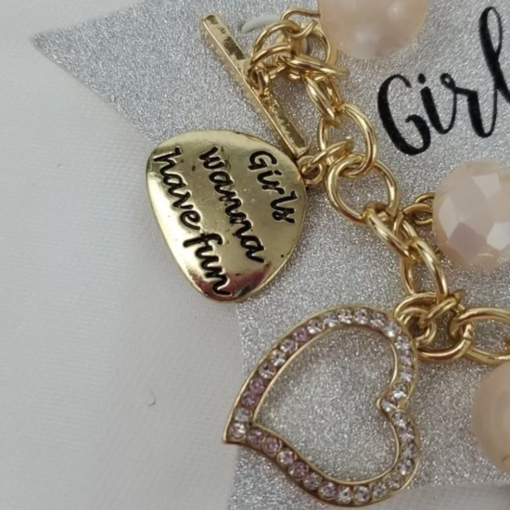 Girlfriend Toggle charm Bracelet Friends Gold faux pearls heart gold blush *